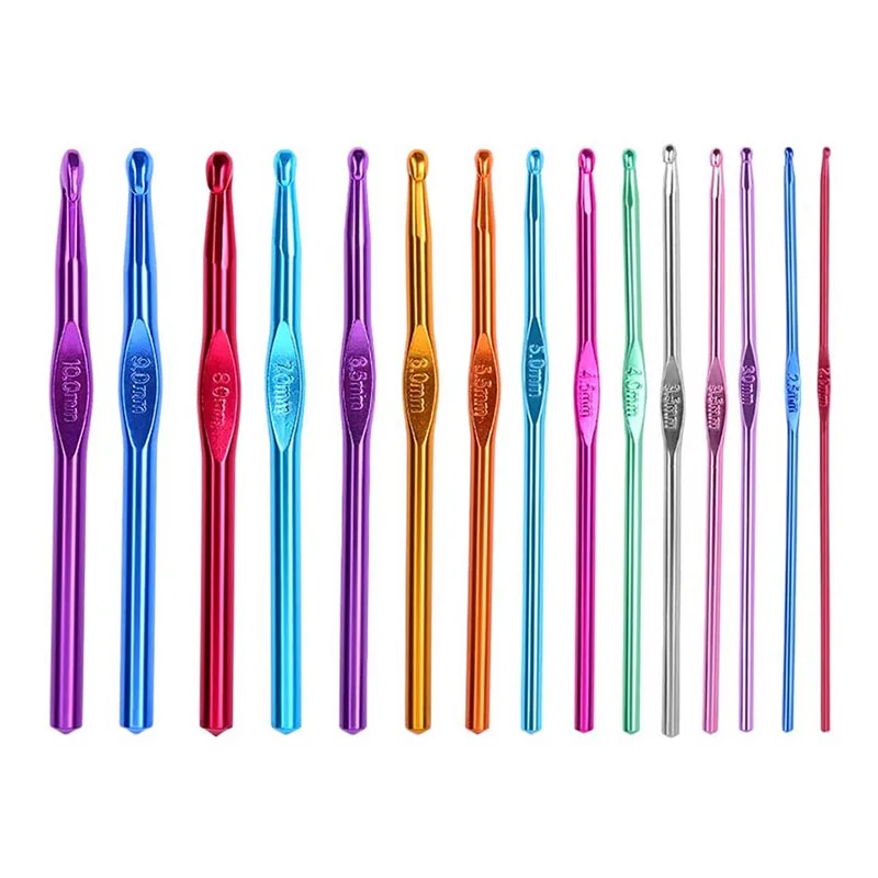 

15 sizes of sewing needles, multiple colors, knitting needle sets, plastic handles, crochet hooks, crochet sets, knitting