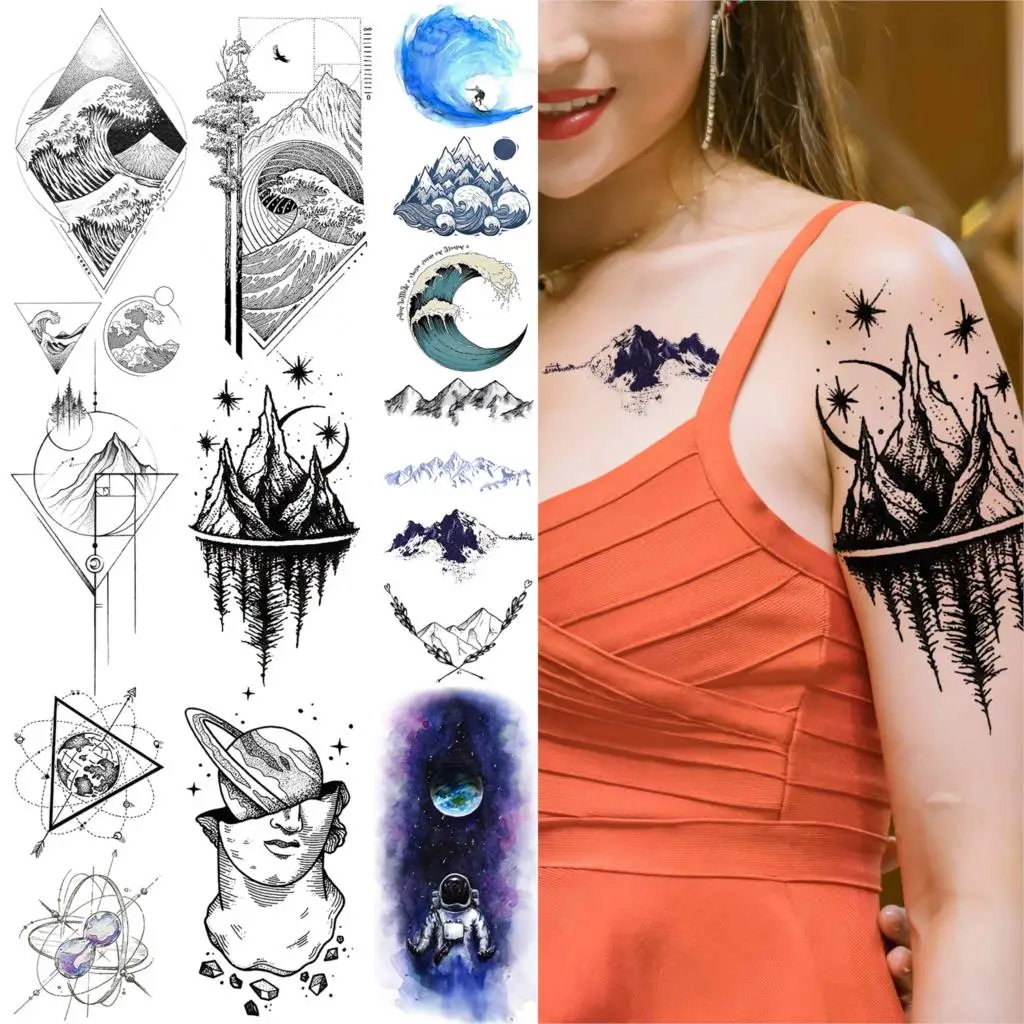 

Watercolor Mountain Tree Temporary Tattoos For Women Kids Geometric Body Art Arm Fake Tattoo Sticker Astronaut Waterproof Tatoos