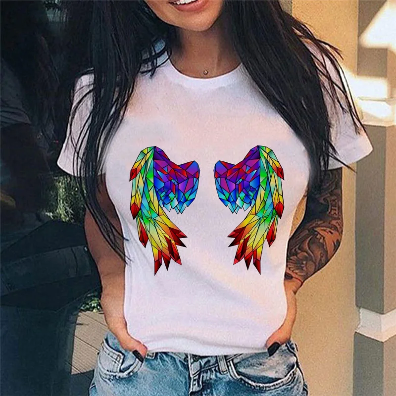 

Chest print Vouge Colorful and black wings T-shirt summer Harajuku O-Neck Short SleeveT Shirt Summer Simple Top Casual