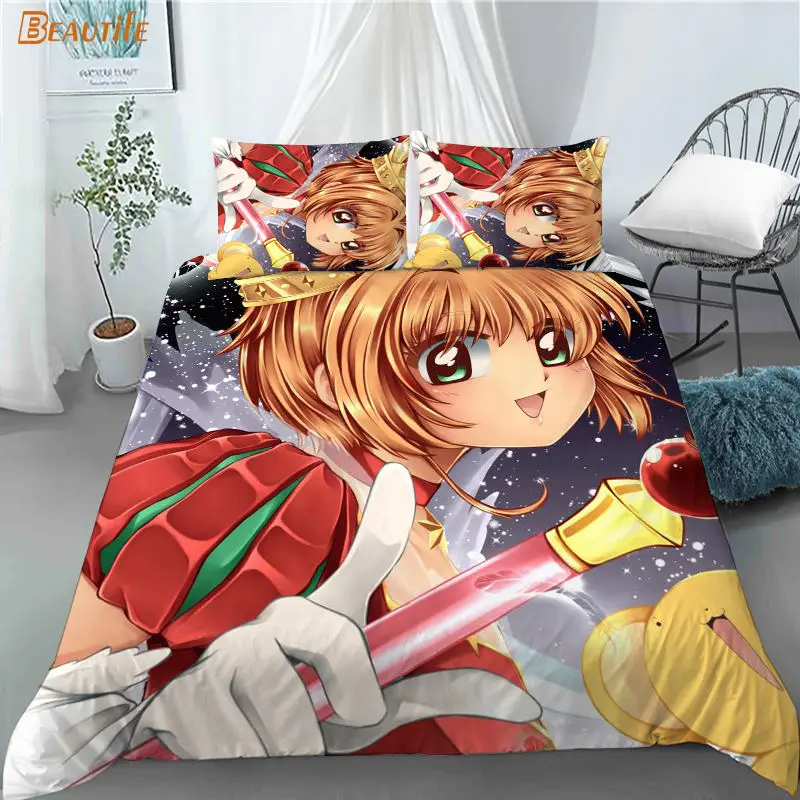 Funda de edred&oacute;n personalizada Sakura Cardcaptor Anime 1, 2 fundas de almohada, juego de ropa de cama de tela de poli&eacute;ster, conjunto de edred&oacute;n para Familia y Chico-1