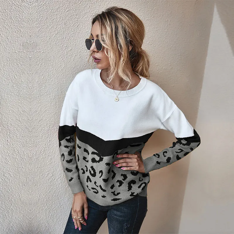 

Autumn Winter Fashion Leopard Knitted Sweater Women 2021 New Casual O-neck Full Sleeve Pullovers Top