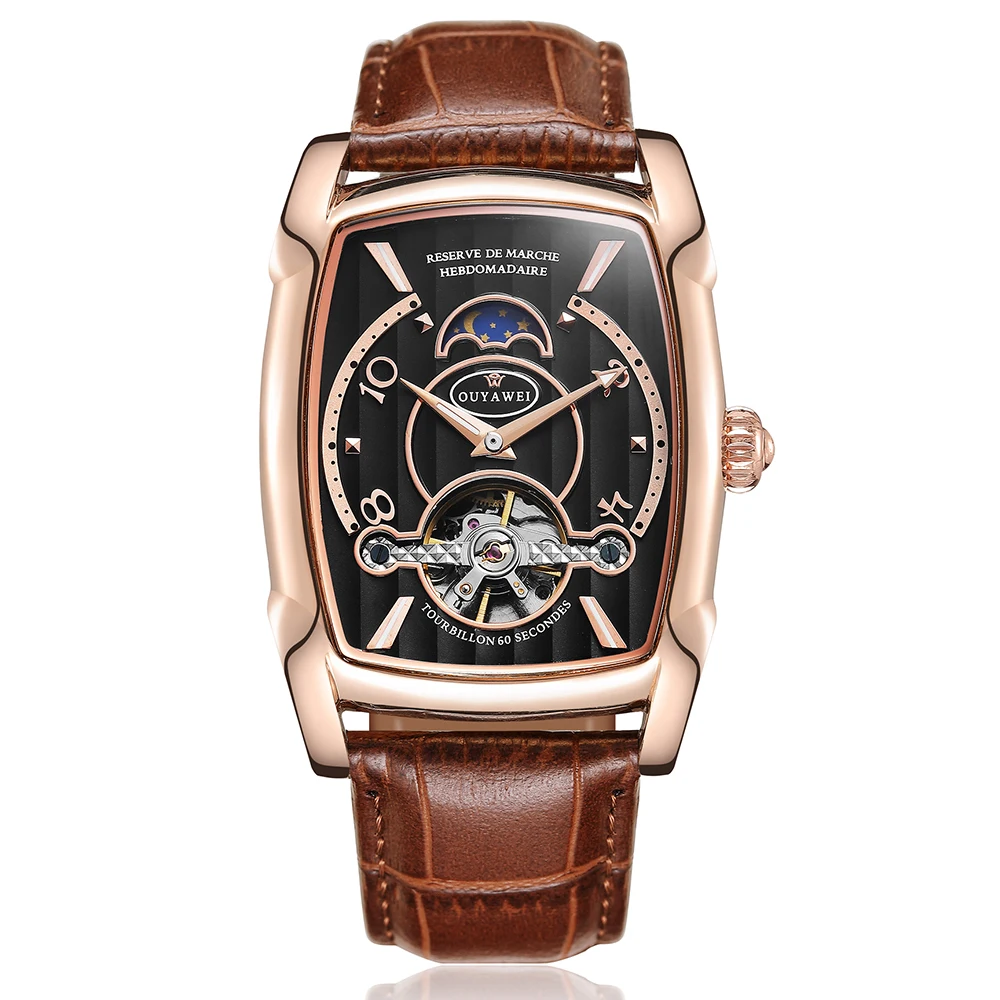 ROSE GOLD BLACK Мужские механические часы с прямоугольным каркасом, наручные часы от роскошного бренда, автоматические часы с турбийоном, наручные часы Relogio Masculino - Цвет: ROSE GOLD BLACK