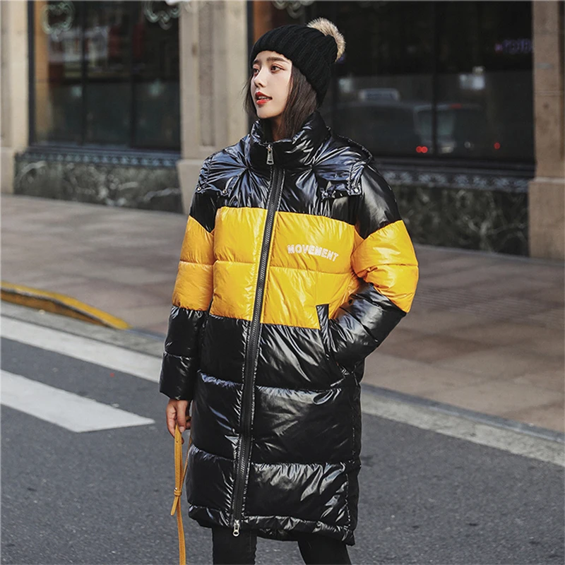 Lucyever Fashion Long Patchwork Letter Hooded Parka Woman Mix Color Thick Slim Jacket Women 2019 Winter Casual Warm Coat Mujer | Женская
