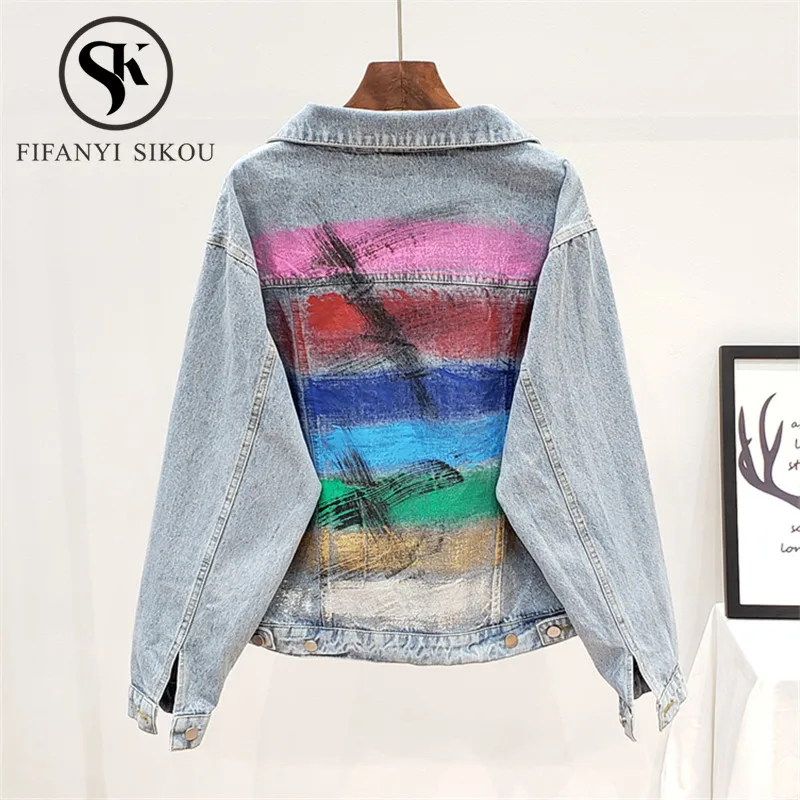 

Jeans Jacket Women Graffiti Spray paint Fashion Print Denim Jacket Pocket Lapel Loose Jeans Coat Streetwear Female 2020 New