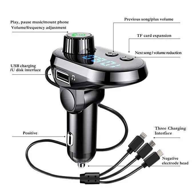 MP3 Player Multi-function Car Cigarette Lighter Socket Charger Bluetooth 5.0 Receiver FM Transmitter Accessories r60 | Электроника