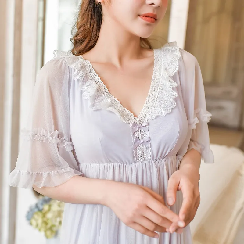 

Summer Modal Short Sleeve Women's Long Nightgowns Gauze Vintage Lace Princess Night Dress V-Neck Sexy Nightwear Muliti Color