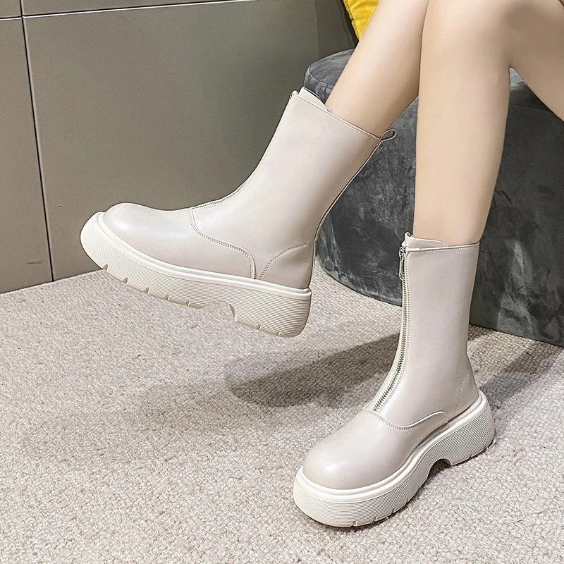 

Модные женские ботинки, новинка 2021, ботинки мартинсы с круглым носком на среднем каблуке, женские осенние ботинки из искусственной кожи на к...