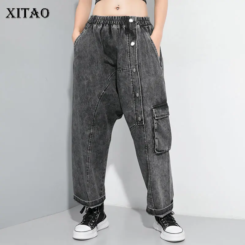 XITAO, женские черные широкие брюки, женская мода, новинка, осенние элегантные штаны с эластичным поясом и карманами, длина до лодыжки, ZLL4423