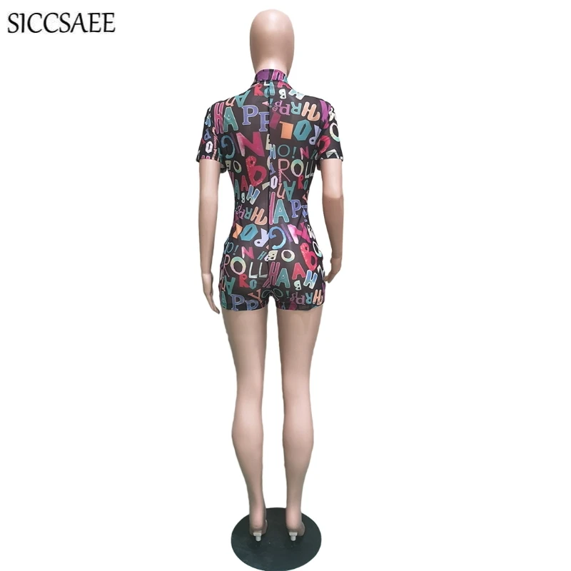 

Zipper Front Bandage Playsuits For Women Short Sleeve Letter Printed Mesh Bodycon Bodysuit Sexy Jumpsuits Shorts Summer 2020