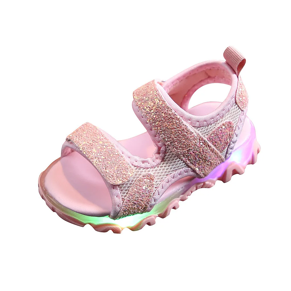 

40# Luminous Hook-loop Baby Girls Shoes Bling Led Light Rubber Baby Shoes Sport Sandals Casual Breathable Baby Sandals For Girls