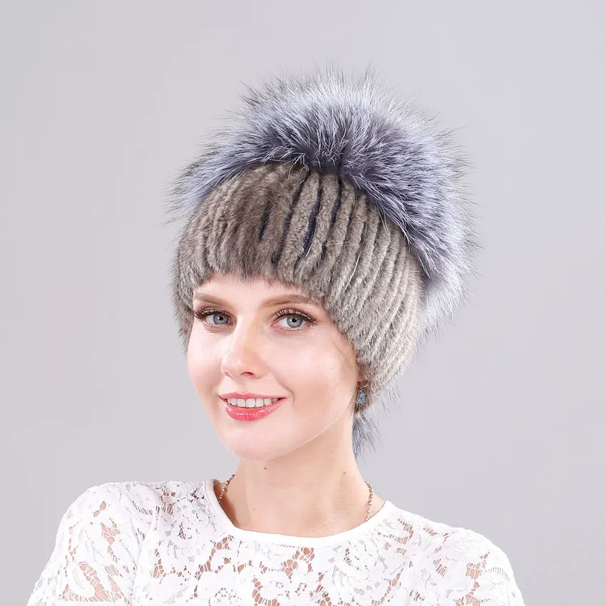 ICYMI норка мех Теплые женские вязаные шапки с мехом лисы помпон из натурального