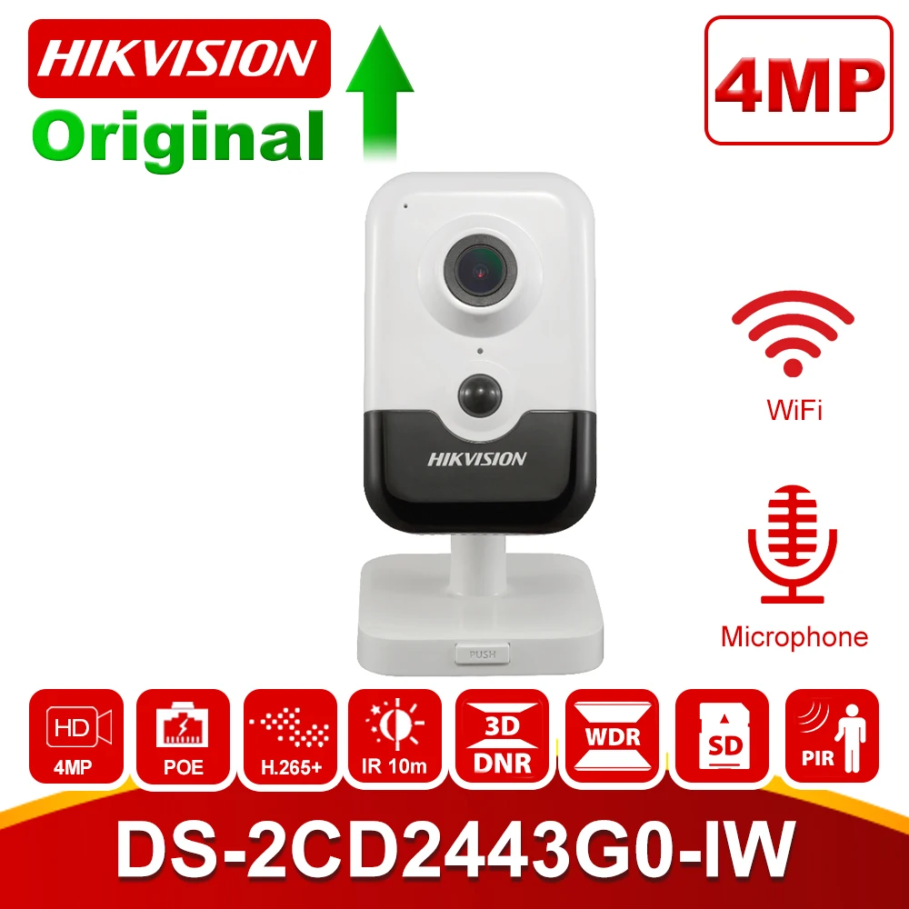 Hikvision Домашняя безопасность Wi-Fi камера PoE DS-2CD2443G0-IW 4MP ИК фиксированный куб Беспроводная ip-камера встроенный динамик H.265