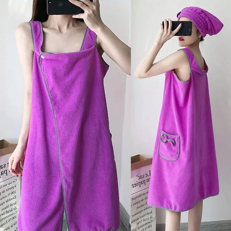 

Women 4pcs Absorbent Coral Velvet Spa Bath Wrap Cover Up Set Fleece Bathrobe Shower Towel Tube Dress with Hat Headband H051