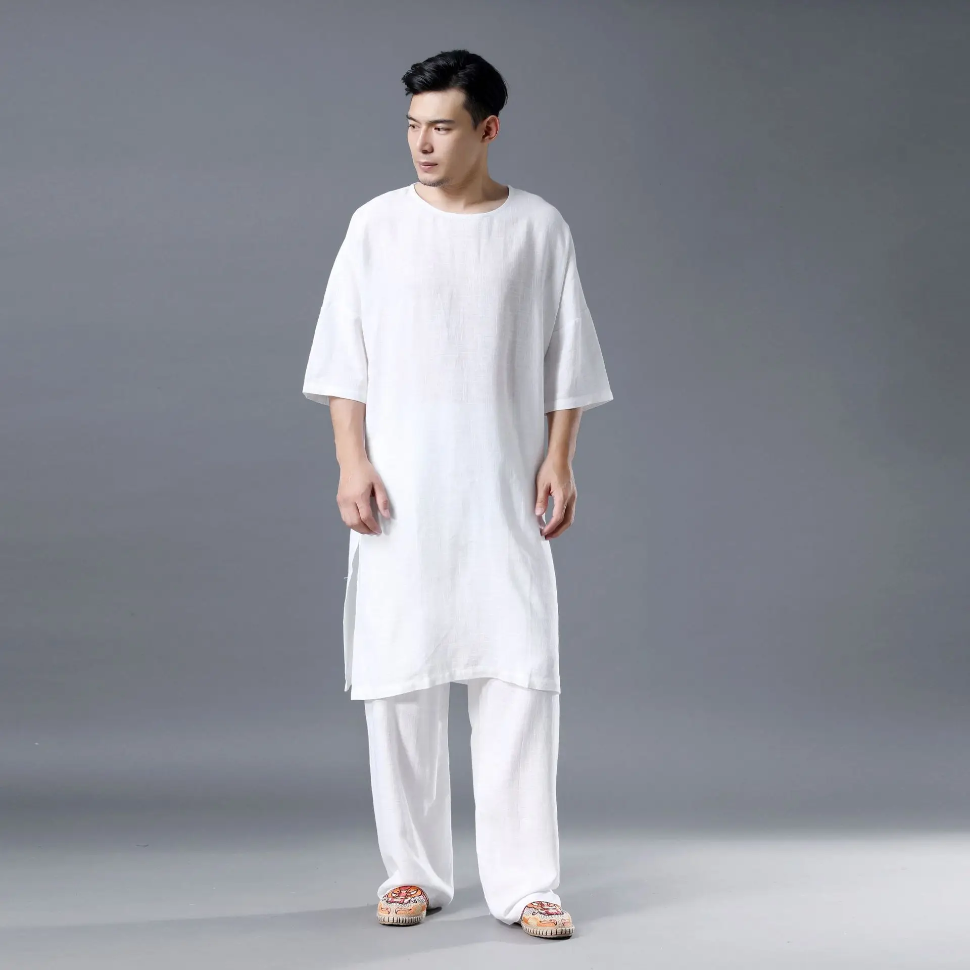 Men Yoga Set Linen Tai Chi Meditation Kungfu Uniforms Loose Wide Leg Pant Long Sweatshirt Jogger Casual Outfit Set Sportswear