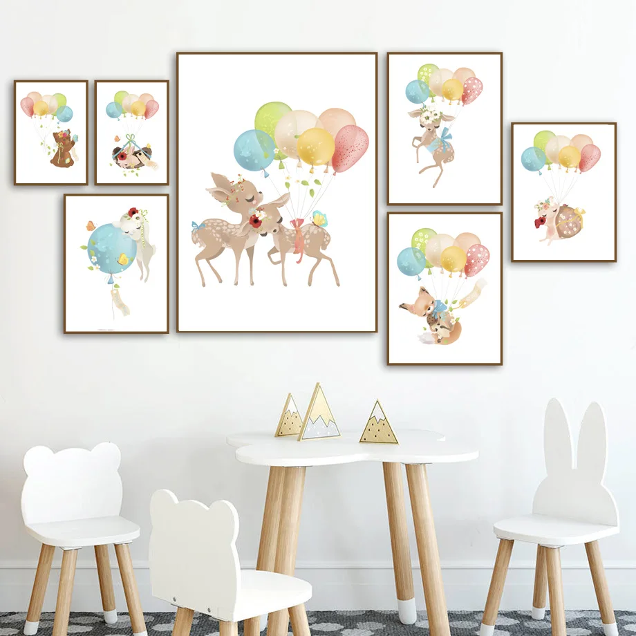 

Cute Deer Rabbit Bear Squirrel Snails Balloon Wall Art Canvas Painting Nordic Posters And Prints Wall Pictures Kids Room Decor