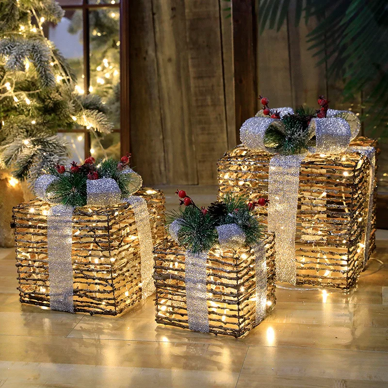 

Christmas Decoration Three-piece Gift Box Christmas Tree Ornaments Luminous Iron Art Home Outdoor Christmas Decorations Mall