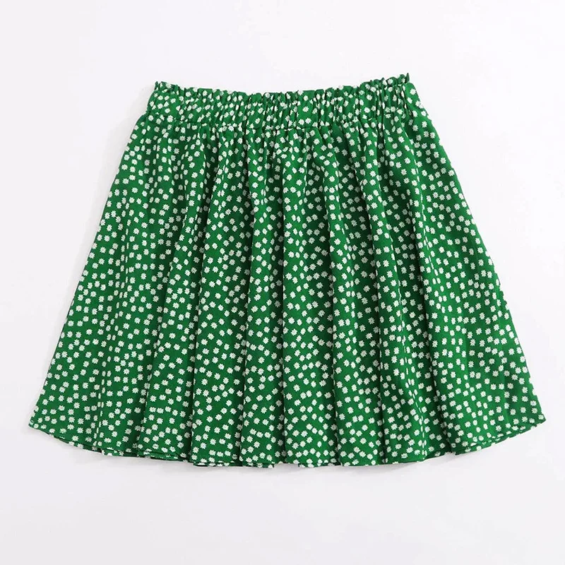 

Sweet Green Floral Print Mini Women Skirt A-Line Empire Pleated Lady Skirt
