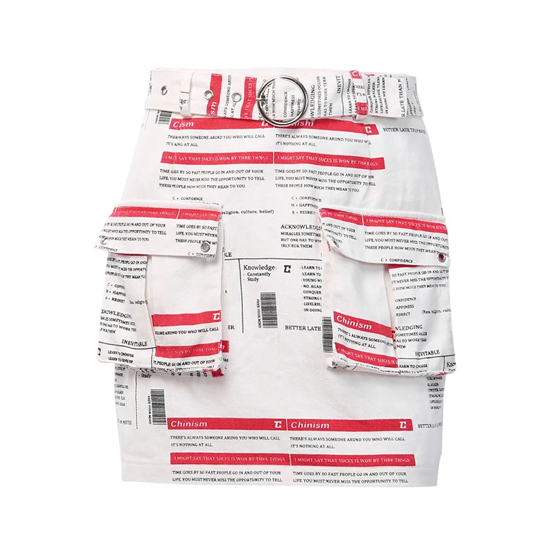 

Fanco Digital Print White Skirt Women Streetwear Knitting Newspaper Pattern Personality High Waist Side Large Pocket Slim Short