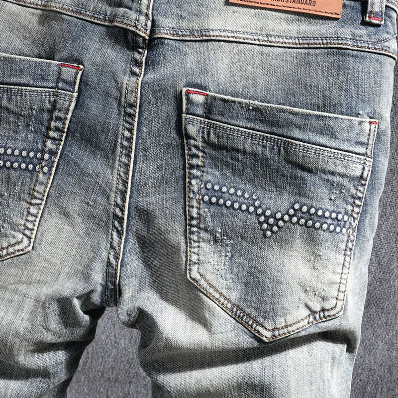 European Vintage Fashion Men Jeans Retro Blue Distressed Washed Elastic Ripped Jeans Men Slim Fit Designer Casual Denim Pants