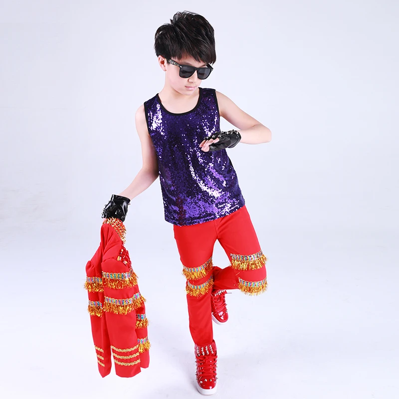 

2021 Jazz Costumes Kids Sequined Long Sleeve Coat Host Children'S Costume Suit Boys Hip Hop Stage Outfit Street Dancewear