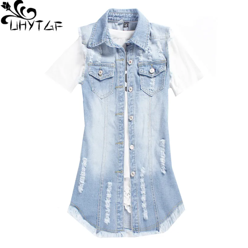

UHYTGF Women's denim vests Single-breasted Slim Spring Autumn waistcoat Sleeveless hole tassel casual Female jeans vest 4XL 744
