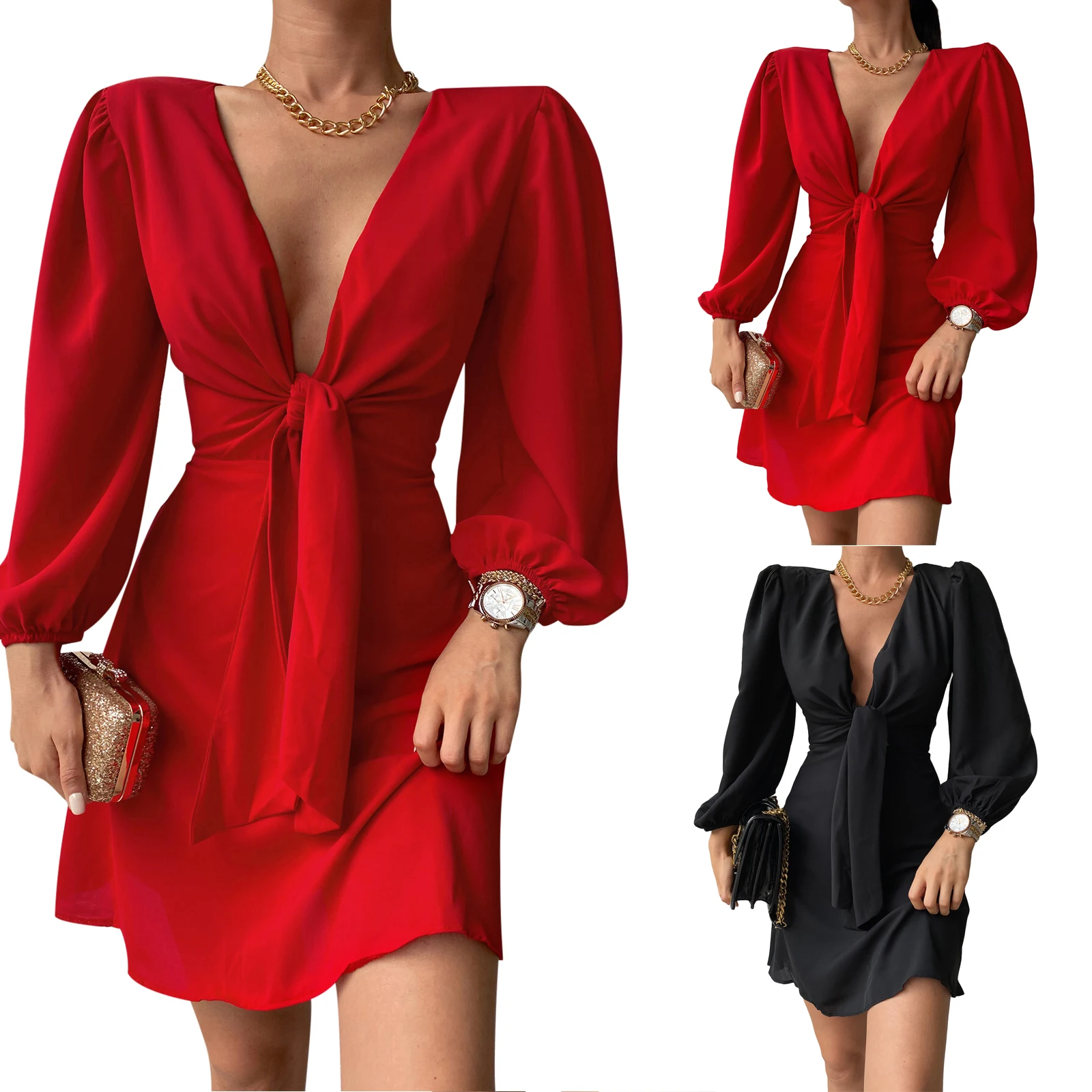 

Women Dress, Long Sleeve V Neck Pleated Solid Color Midi Street Party Casual Short Red Midi