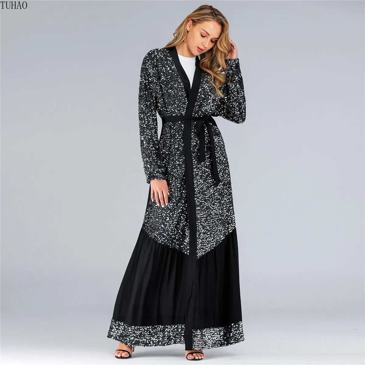 

Luxury Sequins Trench Cost for Woman Dubai Arab Muslim Long Robes with Sashes Patchwork Large Size Long Coat T1756
