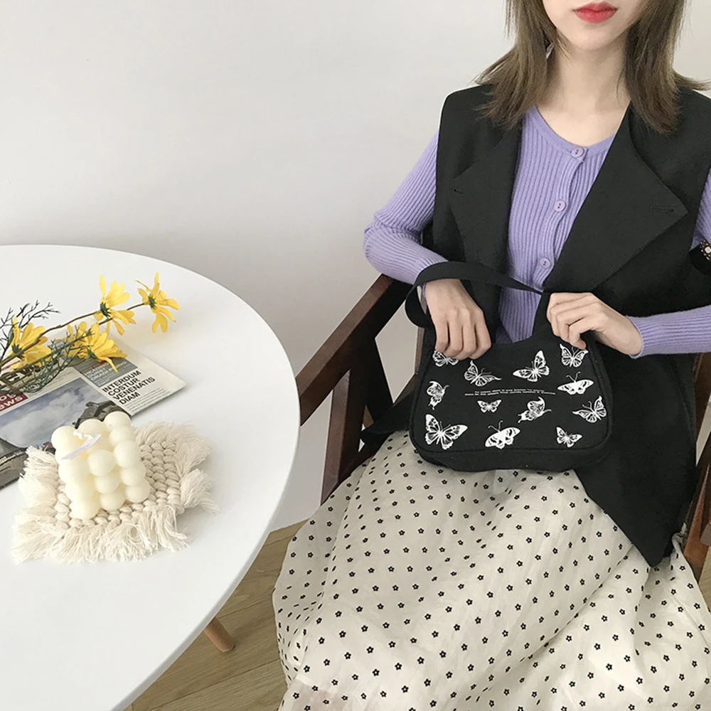 

Spring Women Small Handbag Butterfly Print Canvas Shoulder Underarm Handle Bag Zipper Half Moon Bags Cotton Cloth Purse