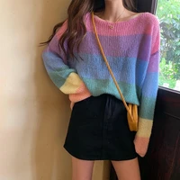harteen autumn winter korean striped pullover loose rainbow gradient color striped sweater fashionable long sleeve women clothes