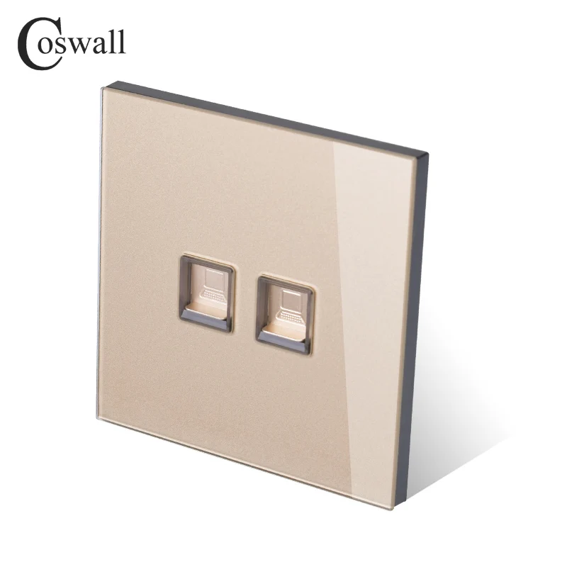 Coswall Кристалл Закаленное стекло панель 2 банды RJ45 CAT5E интернет-Джек Розетка для передачи данных компьютерная розетка Белый Черный Серый Золотой