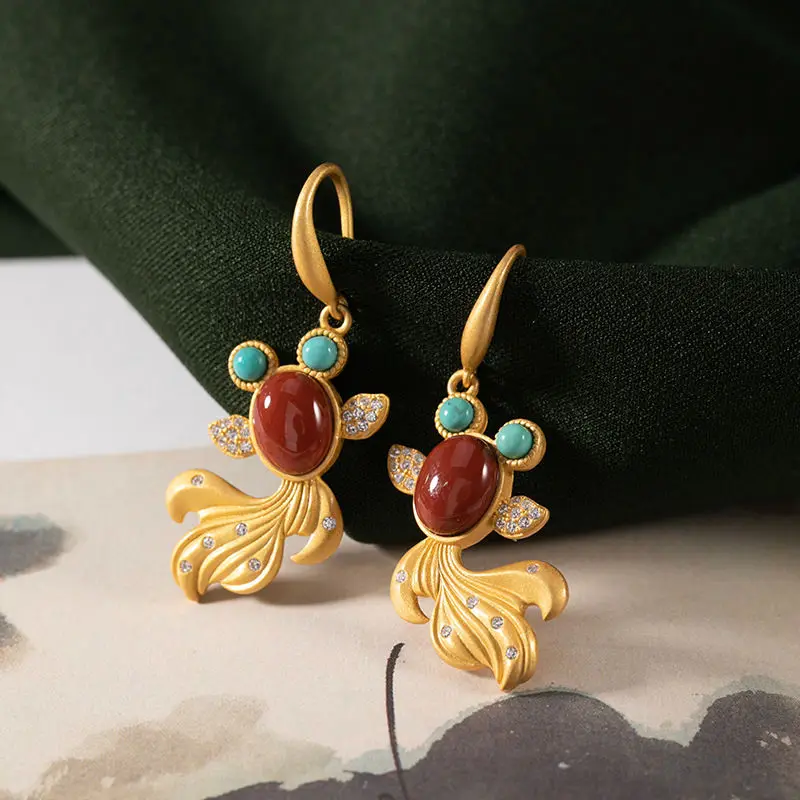 

Natural South Red chalcedony Koi Earrings Chinese retro palace style small group design charming women's brand jewelry