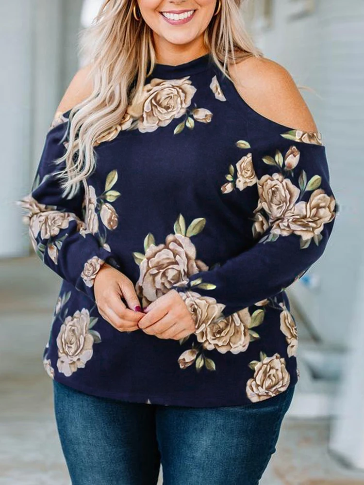 

Plus Size Long Sleeve Women T-shirt 2022 Spring Autumn Elegant Floral Printed Cold Shoulder Oversized T-shirt Tops Party Club