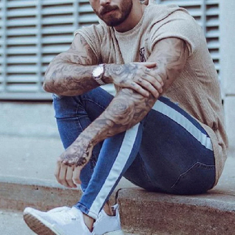 NIBESSER обтягивающие джинсы для мужчин в стиле хип-хоп полоску эластичные