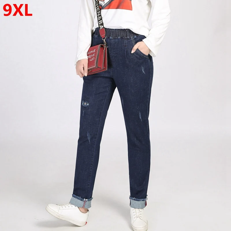 Женские рваные джинсы с высокой талией эластичные брюки большого размера