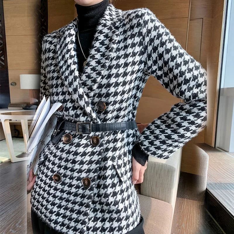 

New Women Spring Jacket with Waist Bag Long Sleeve Houndstooth Woolen Loose Suit Coat Female Fashion Turn-dowm Collar Slim Suit