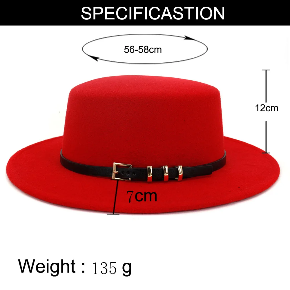 

FS Women Felt Hat Black Wool Belt Buckle Winter Autumn Men Fedora Hats Classic Vintage Ladies Wide Brim Boater Flat Top Jazz Cap