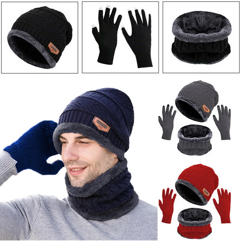 

Men's Winter Plus Velvet Windproof And Cold-proof Solid Color High-quality Multi-piece Warm Hat Scarf Gloves Three-piece Set