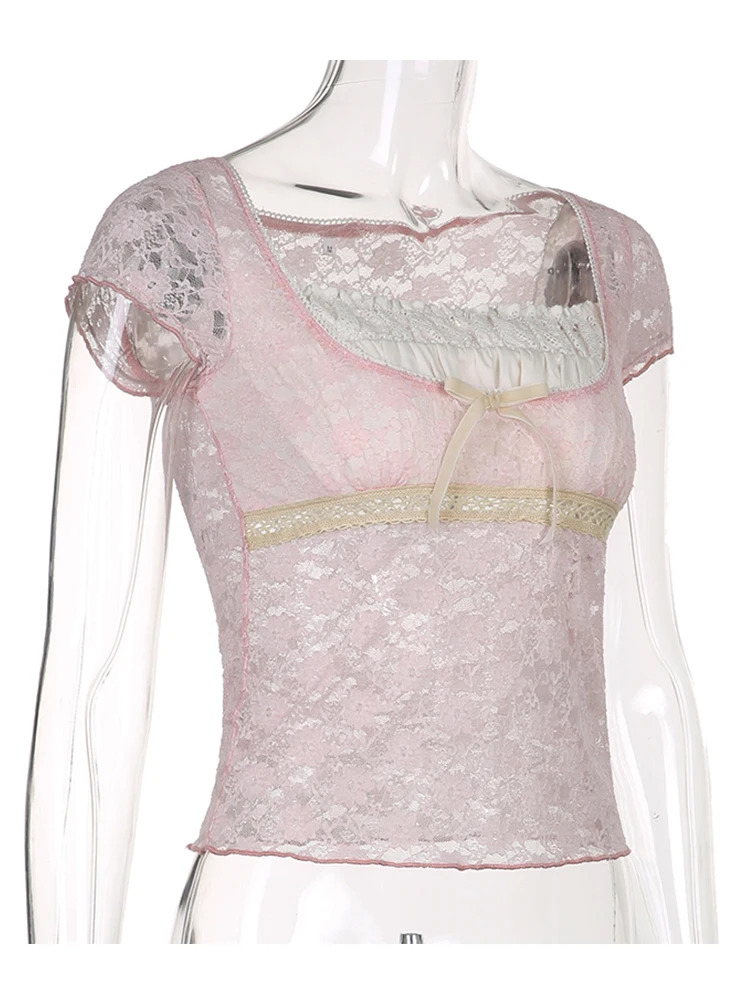 Женский кружевной топ с квадратным вырезом и коротким рукавом | Женская одежда
