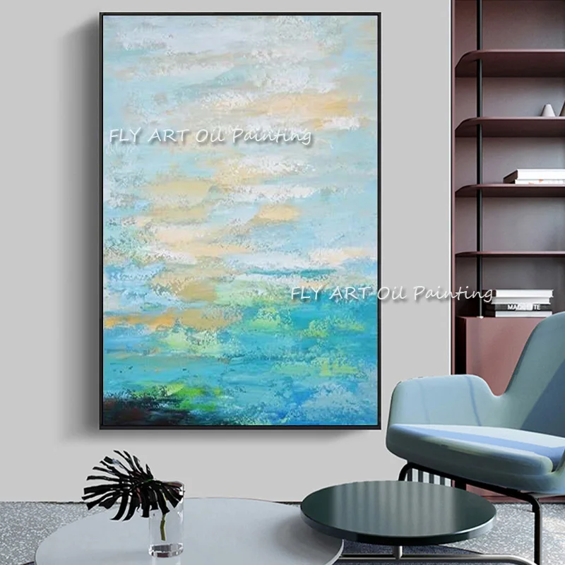 

Hand Painted Wall Art Picture Abstract Blue Cloud Landscape Oil Painting Handmade for Living Room Bedroom Home Decor No Framed