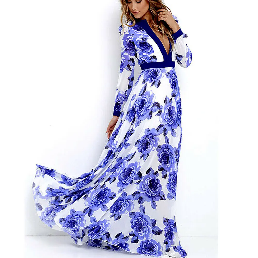 Женский богемный синий цветочный V-образный вырез вечерний Летний Пляжный модный