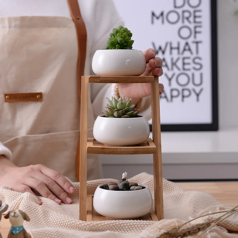 

3 Tiers Plant Holder Desktop Mini Flower Bamboo Stand with 3 Ceramic Pots for Indoor Living Room Balcony Office Home Accessories