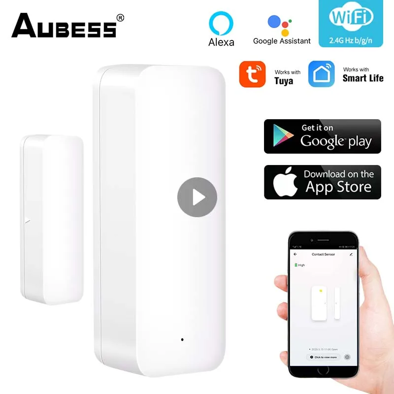 

Умный дверной магнитный детектор сигнализации AUBESS с Wi-Fi, независимый магнитный датчик tuya Smart Life, приложение Совместимо с Alexa Google Home