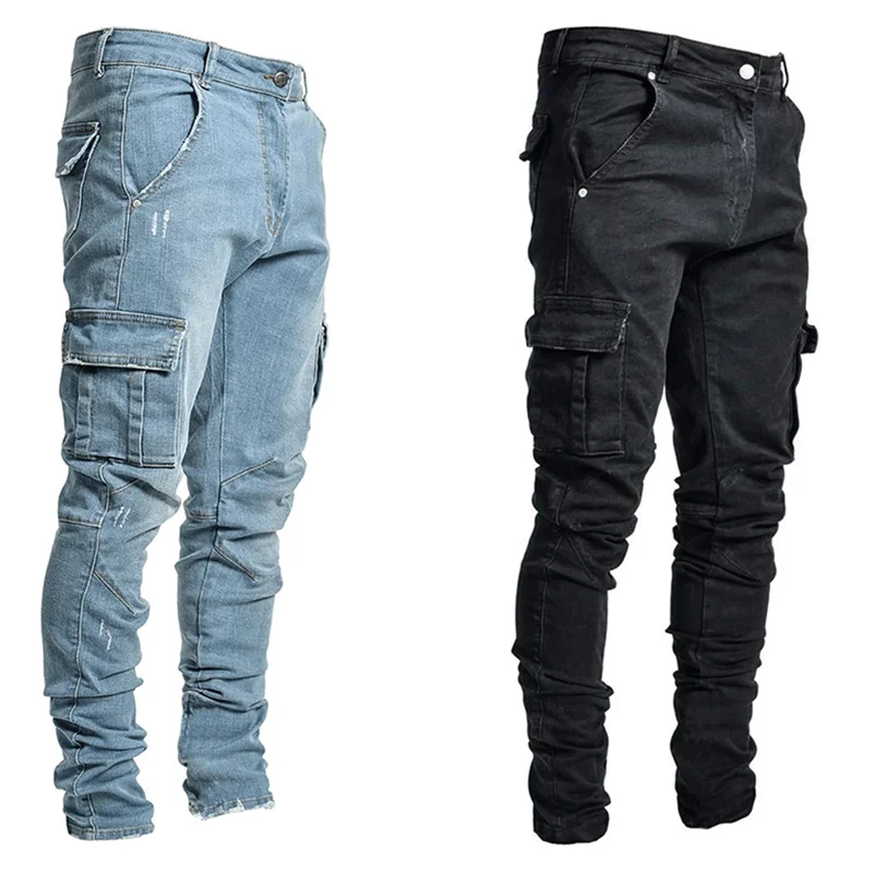 Jeans Men Pants Casual Cotton Denim Trousers Multi Pocket Cargo Jeans Men Pop Vogue Denim Pencil Pants Side Pockets Cargo