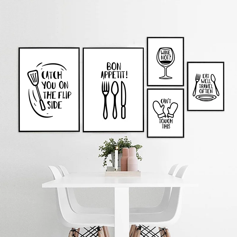 

Wall Art Canvas Painting Black White Bon Appetit Quote Poster Print Kitchenware Modular Pictures Living Room Home Decor