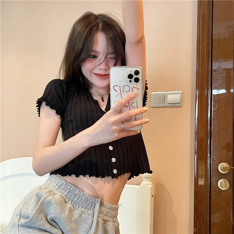 

Shirts Women's New Lace V-neck College Style Kids Summer Slim Knit Cardigan Top