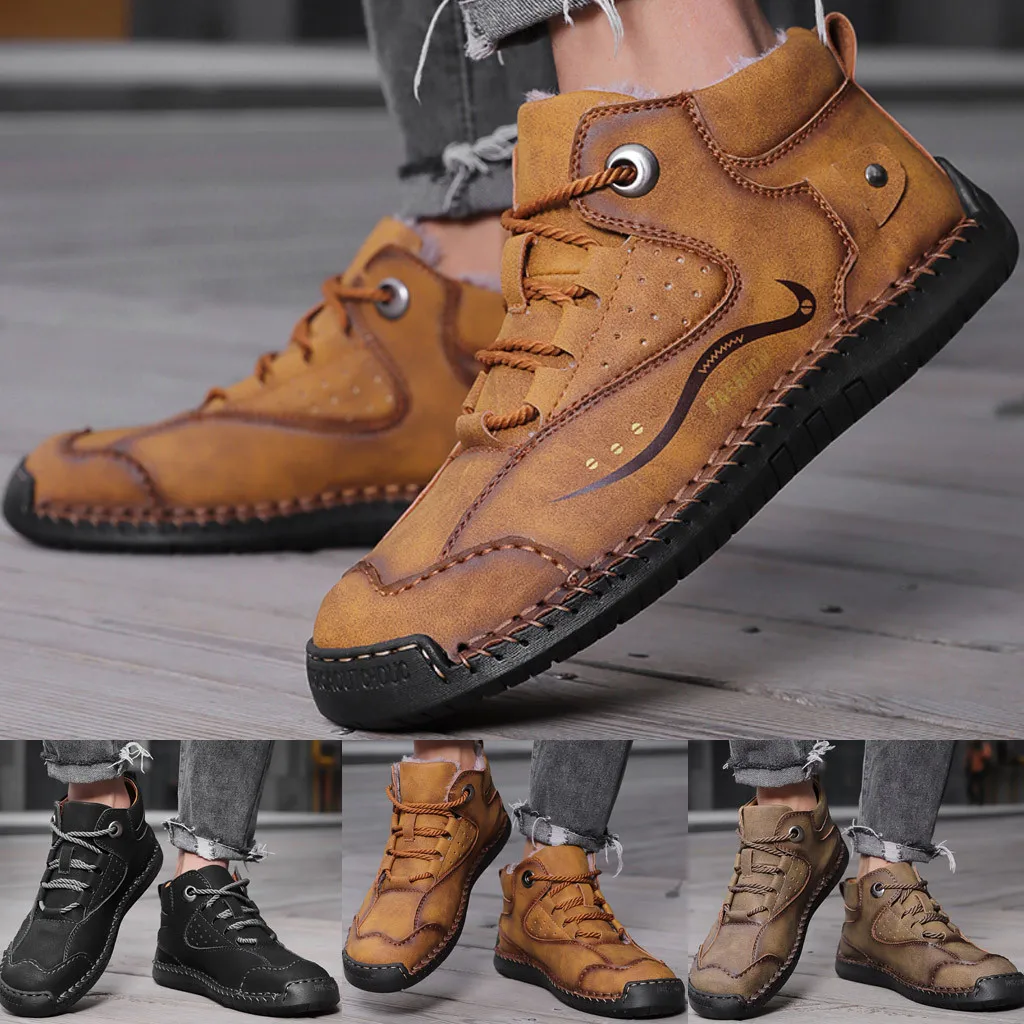 Зимняя Теплая мужская повседневная обувь в британском стиле прошитая вручную с