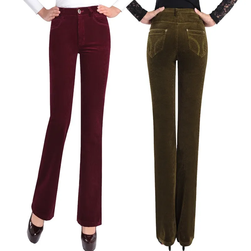 Большие размеры женские осенние вельветовые брюки с высокой талией эластичные