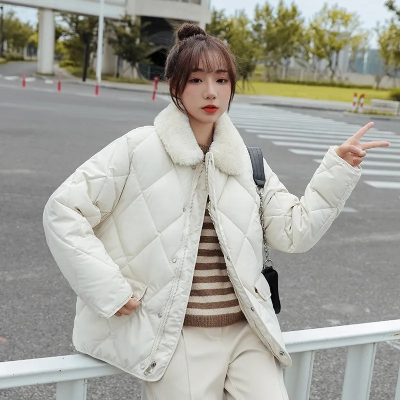 

Plaid Puffer Jacket Female Korean Causal Solid Warm Parkas Ladies Outwear Women Loose Lamb Wool Cotton Padded Coat Winter New