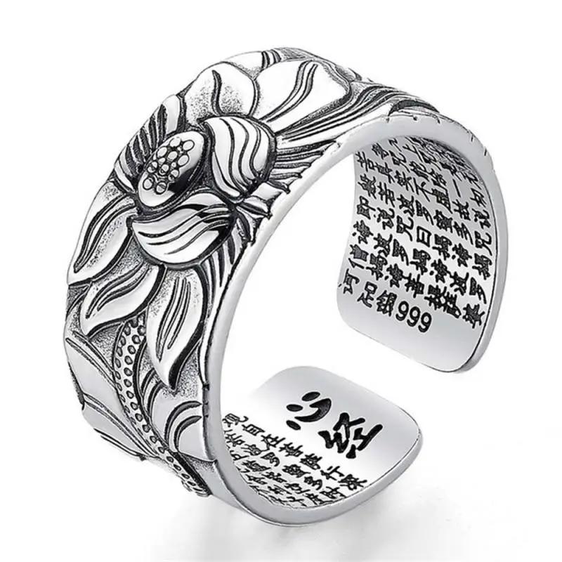 

1pc Jewelry Lotus Flower Open Men Ring Fashion Free Size Buddhistic Heart Sutra Women Rings Gifts