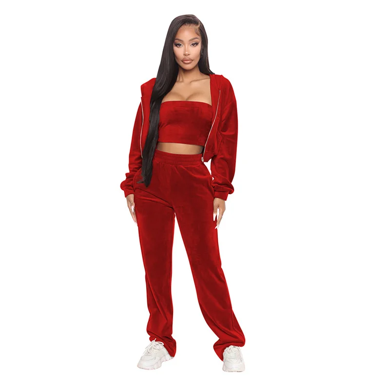 

New Three Piece Set Women Tracksuit Zipper Hoodie Crop Coat Tube Vest Long Pants Matching Sets Ladies Pure Color Leisure Outfits